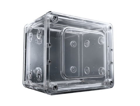 Transparent, cube-shaped enclosure with visible mounting points