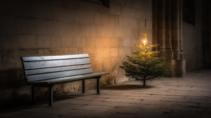 solitary bench in empty church on christmas eve illuminated by soft glow of christmas candle