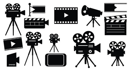 Film and video production icons and equipment on white background silhouette © Kuntol02