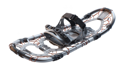 Isolated snowshoe, metal frame, straps and bindings, ready for winter hiking and snow
