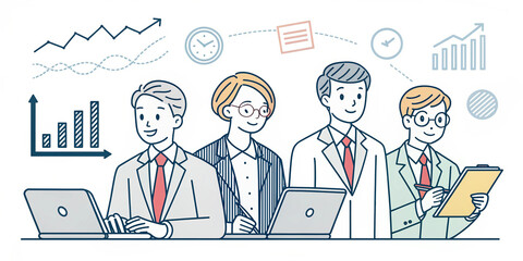Minimalist Illustration of Five Business Professionals with Work Tools