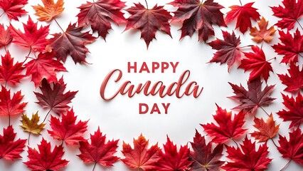 Happy canada day text surrounded by a frame of red and burgundy maple leaves on a clean white background, celebrating the national holiday