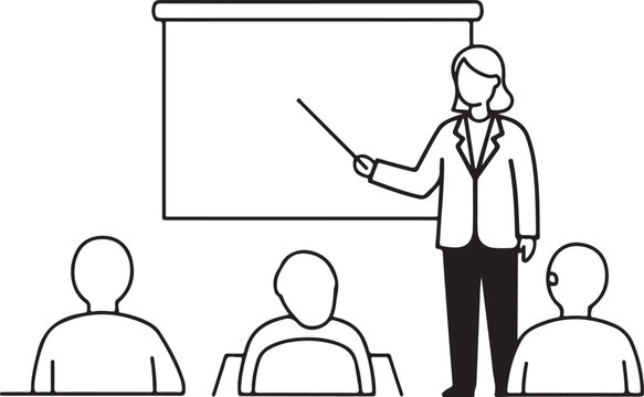 teacher presenting to students, black and white clip art preview