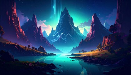 Vibrant, stylized mountain range reflected in a calm lake at night, illuminated by a celestial beam