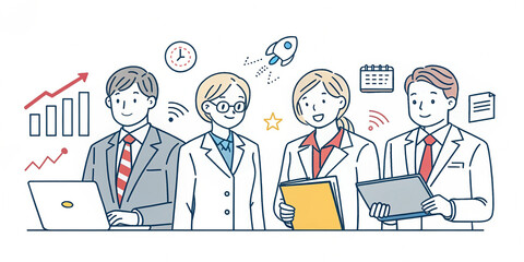 Minimalist Illustration of Five Business Professionals with Work Tools