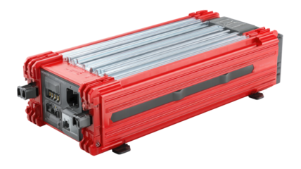Red rectangular battery pack with ribbed exterior.  Dark gray/black accents, various connectors, and a clean, modern aesthetic