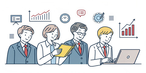 Minimalist Illustration of Five Business Professionals with Work Tools