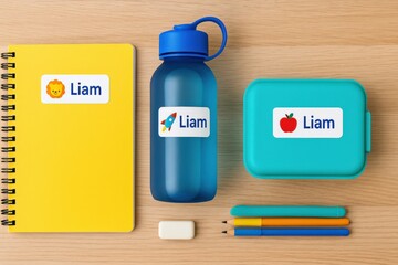Colorful Study Supplies Featuring Personalized Labels for Organization and Easy Identification of Items for Students and Young Learners