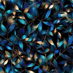 Elegant Blue and Gold Leaf Pattern on Dark Background for Modern Design.