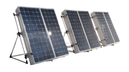 Three solar panels mounted on a stand, angled