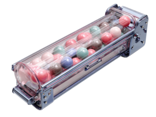 Clear, cylindrical container holding colorful, round candies. Metal framework