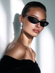 Fototapeta premium high-fashion close-up portrait of a confident woman, realistic, detailed skin texture with pores, in a sleek black off-shoulder outfit, minimalist studio background
