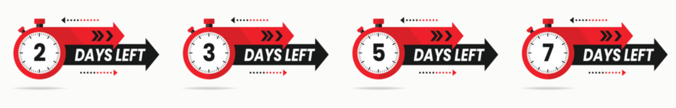Red countdown stopwatch collection two three five seven days left vector illustration design for urgent reminder limited time offer event promotion business deadline sale marketing banner