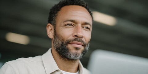 Man with a beard and gray hair is looking at a laptop