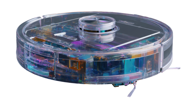 Transparent robotic vacuum cleaner.  Internal components visible through clear chassis.  Circular design, with a central fan/motor assembly.