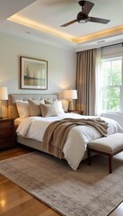 Fototapeta premium Luxurious, oversized rug anchors a serene master bedroom, adding warmth and texture to the hardwood floor Perfect for a cozy and sophisticated retreat , interior styling, wool rug