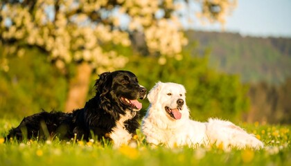 Fototapeta premium Two dogs, one black and one white, resting in a sunny meadow.