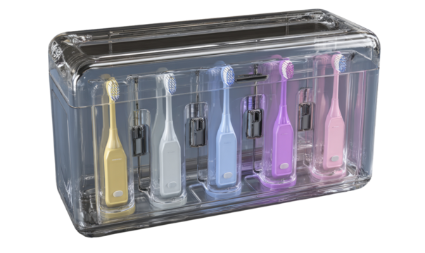 Transparent storage box holds multiple colored electric toothbrushes