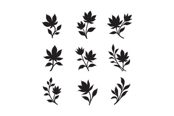 Collection of nine black botanical leaf sprigs
