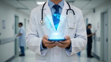 Doctor use digital tablet display global hologram in hospital corridor for medical and healthcare technology - Powered by Adobe