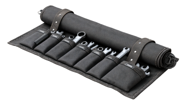 Dark gray canvas roll-up tool kit with leather accents, featuring various sized wrenches and tools neatly organized in individual pockets