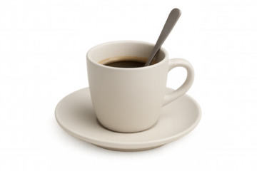 White ceramic coffee cup, dark brew, silver spoon resting on matching saucer, crisp 3d rendering, transparent backdrop
