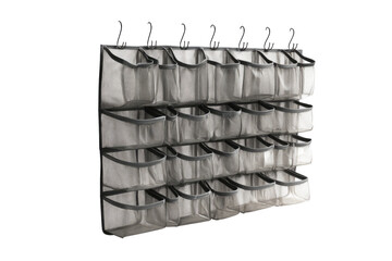 Gray shoe organizer wall mounted.  Multiple small, mesh shoe storage compartments arranged in rows on a gray metal frame.  Wall-mounted design for space-saving storage