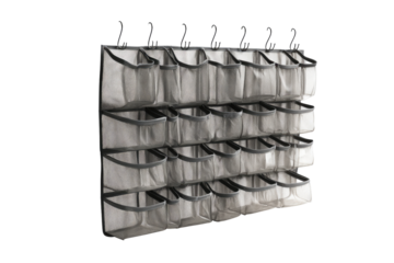 Gray shoe organizer wall mounted.  Multiple small, mesh shoe storage compartments arranged in rows on a gray metal frame.  Wall-mounted design for space-saving storage