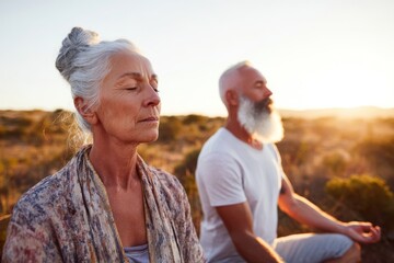 Senior Couple Meditating Outdoors at Sunset for Peaceful Well-Being Journey.