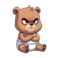 Illustration of grumpy cartoon baby bear wearing a diaper, sitting with arms crossed, isolated on transparent background