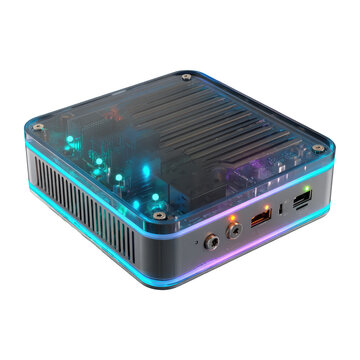 Transparent, square mini-computer with glowing components and ports