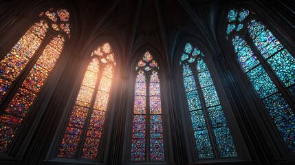 Vibrant stained glass windows in historic cathedral, sunlight filtering through colorful glass, gothic architectural details, spiritual and religious ambiance, intricate designs, sacred church 