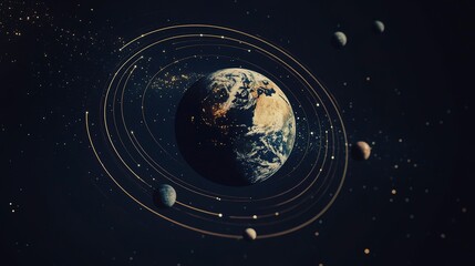 Solar system diagram featuring Earth surrounded by orbiting planets and stars in a cosmic setting