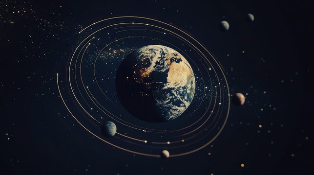 Solar system diagram featuring Earth surrounded by orbiting planets and stars in a cosmic setting