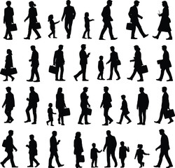 Walking people silhouettes, adults and children, business attire, briefcase, interaction poses, black vector illustration, urban motion, isolated icons, commute