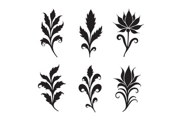 Fototapeta premium Six black silhouette floral ornaments botanical designs