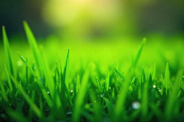 Fototapeta premium Long blades of vibrant green grass glistening with morning dew after a refreshing rain shower Perfect for weather, nature, and environmental themes , texture, lush, plant