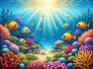 Fototapeta premium Vibrant Coral Reef, Underwater Scene, Colorful Fish