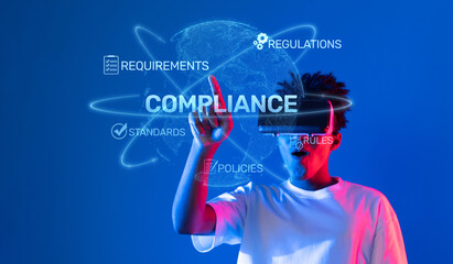 This stock photo illustrates the concept of compliance in a virtual reality setting, highlighting...