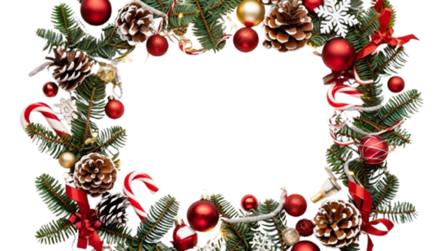 Christmas frame with pine branches, ornaments, candy canes, pine cones and red bows on transparent background
