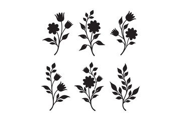 Six silhouette floral sprigs botanical illustration