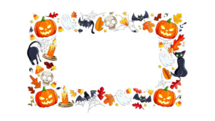 Cute Halloween cartoon border frame with pumpkins, ghosts, bats, black cats and autumn leaves on black background
