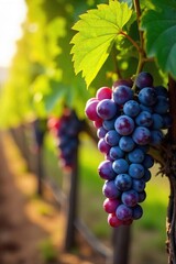 Naklejka premium Luscious bunches of ripe grapes hanging heavy on a verdant grapevine, bathed in warm sunlight A picturesque scene of vineyard bounty, ready for harvest , growth, natural