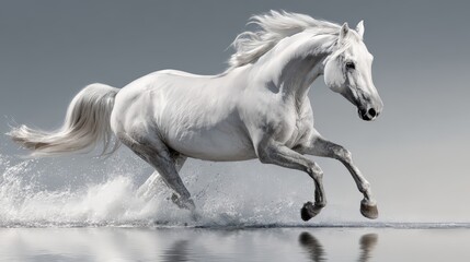 Obraz premium A majestic white horse galloping through water, showcasing its strength and beauty.