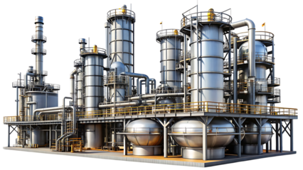 Industrial oil refinery complex with distillation towers and pipelines petrochemical isolated on a transparent background