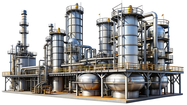 Industrial oil refinery complex with distillation towers and pipelines petrochemical isolated on a transparent background