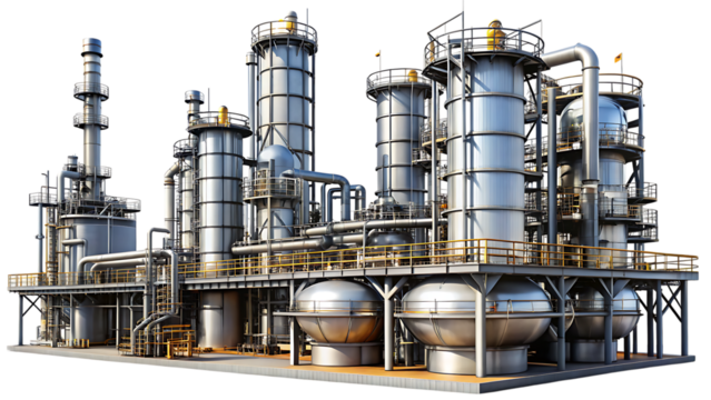 Industrial oil refinery complex with distillation towers and pipelines petrochemical isolated on a transparent background
