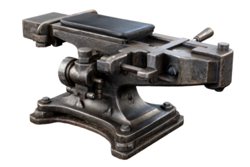 Industrial-style anvil with adjustable features.  Dark metal construction, showing wear and age.  A black padded anvil head.  Complex mechanical components