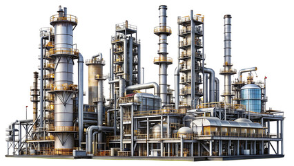 Industrial Oil Refinery Plant With Towers Pipes And Tanks On Black Background industry isolated on a transparent background