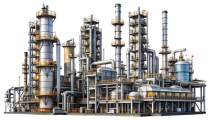 Industrial Oil Refinery Plant With Towers Pipes And Tanks On Black Background industry isolated on a transparent background